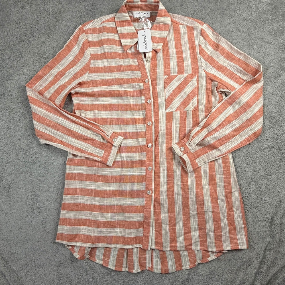 NWT Peck & Peck Womens Linen Blend Striped Tunic Shirt Orange Tumeric Medium
